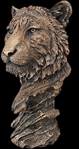Bronzebuste af tigerhoved i profil. Detaljeret koldstøbt bronze finish